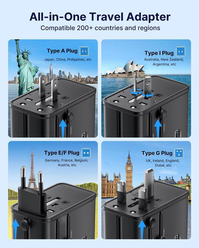 VINTAR Universal Travel Adapter 70W GaN, 5-in-1 with 3USB-C PD & 1USB-A QC | International Power Adapter, Fast Charging for Laptops/Tablets/Phones, All-in-One Travel Essentials for EU/UK/US/AU, Black 70W Black1