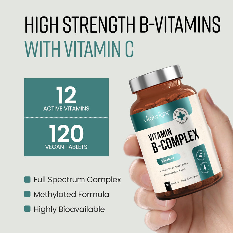 Vitamin B Complex High Strength Methylated B Vitamins | B6 Vitamins with Folate & B12 Supplements | Complete Complex with 12 Active Nutrients | Not Liquid Drops Or Spray | Vitabright 120 count (Pack of 1)