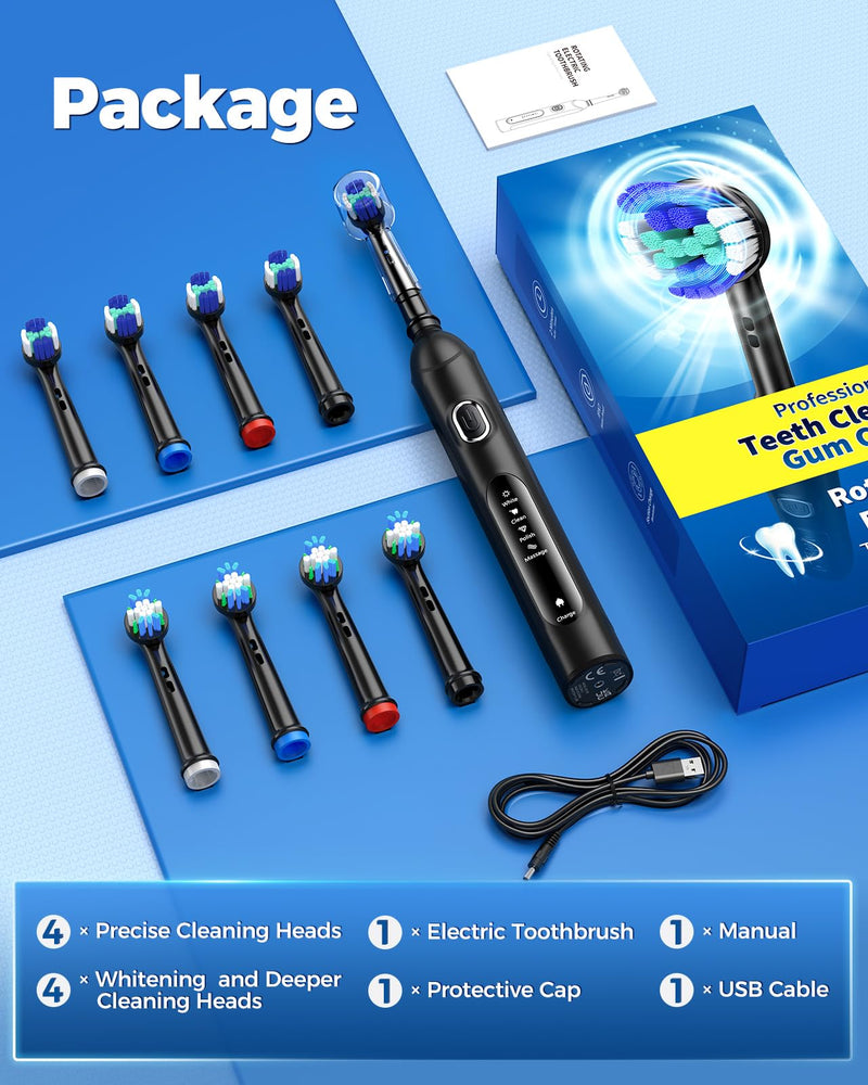 [Australia] - Rotating Electric Toothbrush for Adults with 8 Brush Heads (2 Types), 4 Modes Deep Clean Electric Toothbrush with Rechargeable Power and 2 Min Smart Timer, Fast Charge (Black) Black 