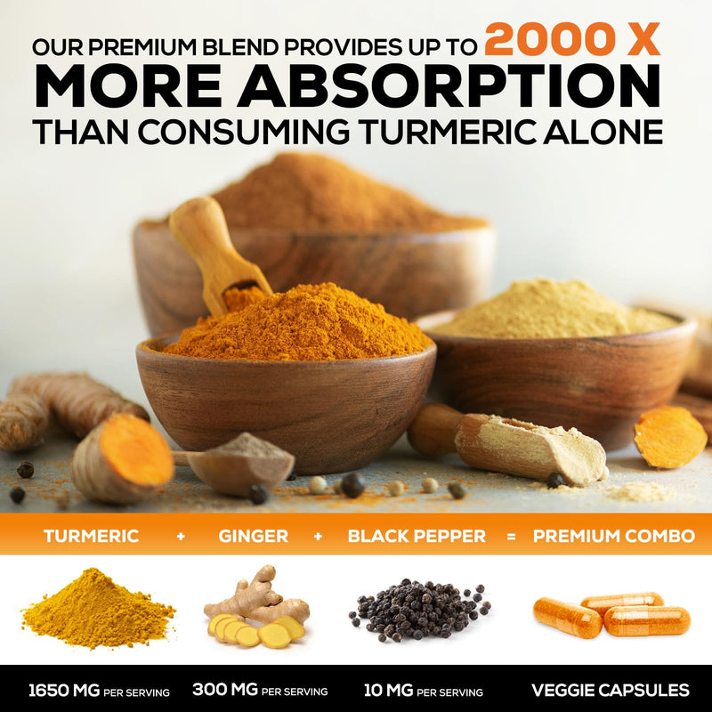 Turmeric Curcumin Supplement - 95% Curcuminoids with Organic Turmeric & Ginger, BioPerine Black Pepper Extract for Best Absorption, Natural Vegan Joint Support, Non-GMO, Bottled in USA - 240 Capsules 240 Count (Pack of 1)