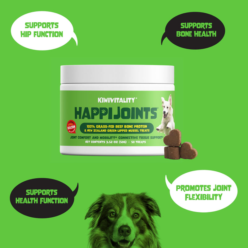 HappiJoints Hip and Joint Supplement Treats for Dogs, Cats • 100% Grass-Fed Beef Bone Collagen New Zealand Green-Lipped Mussels • 50 Treats - PawsPlanet Australia