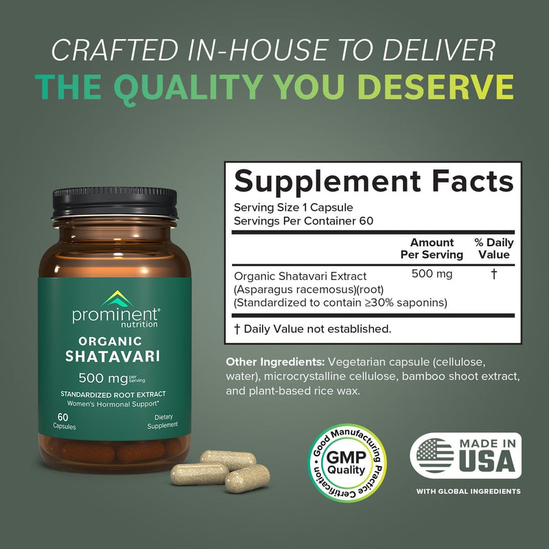 [Australia] - Prominent Nutrition Organic Shatavari Capsules, Hormone Support for Women, 500 mg, 60 Count, Standardized Root Extract Formulated for Women‚Äôs Health - 1 Pack 60 Count (Pack of 1) 