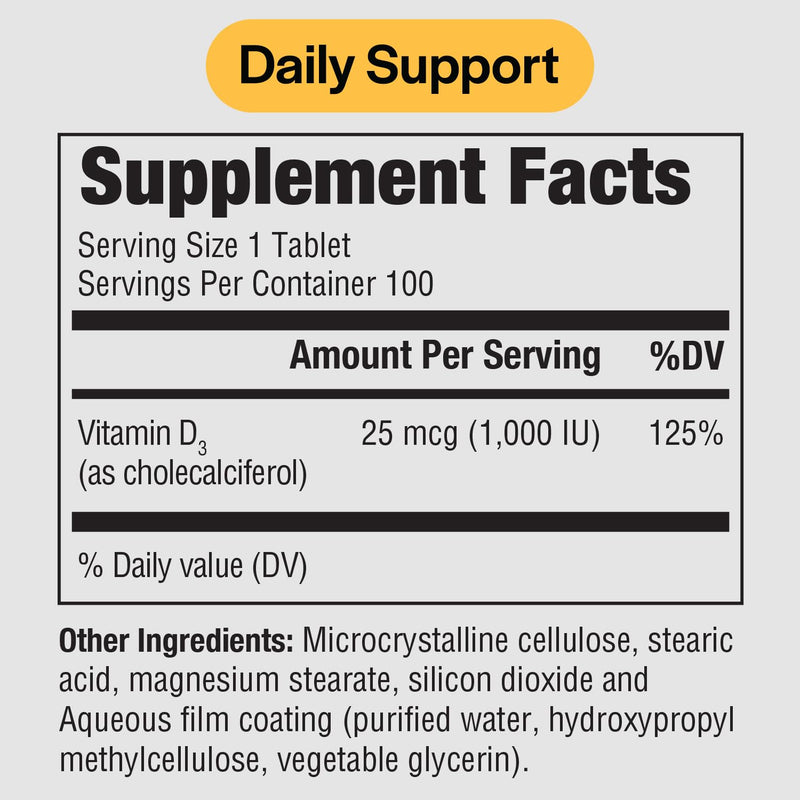PureFormulas Vitamin D3 1,000 IU 25 mcg - Premium Vitamin D Supplement for Healthy Bone Formation, Teeth, Cardiovascular Health, and Immune Support Non-GMO - 100 Count Tablets 100 Count (Pack of 1)