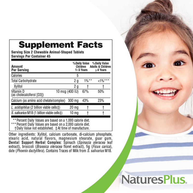 [Australia] - Natures Plus Animal Parade Tooth Fairy Children's Chewables - Natural Vanilla Flavor - 90 Animal-Shaped Tablets - Dental Health Supplement - Vegetarian, Gluten Free - 45 Servings 1 