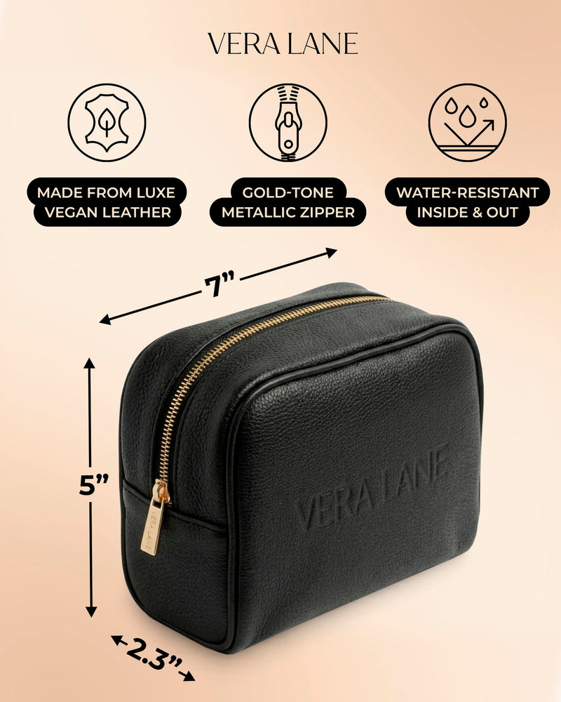 Travel Makeup Bag for Women Black - Made from Vegan Leather (7" x 5" x 2.3")