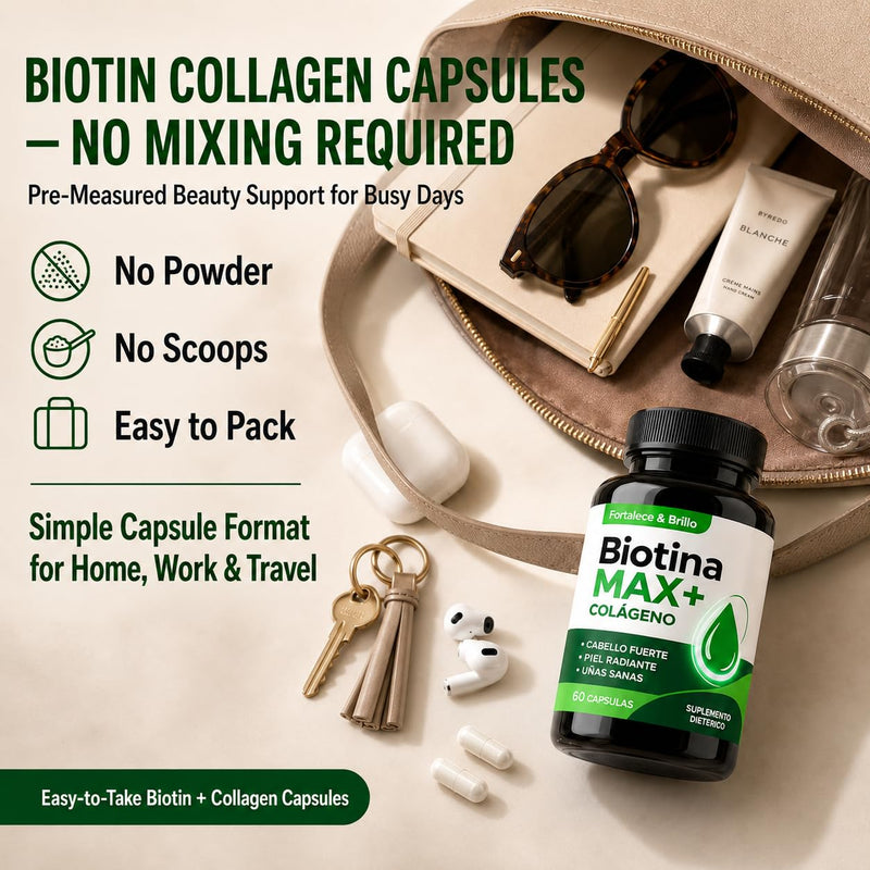 Biotina Max Colageno, Biotin and Collagen Supplements with Biotina B7 & Vitamins, Biotin for Hair Growth Women, Improve Skin and Nails, 60 Capsules Green