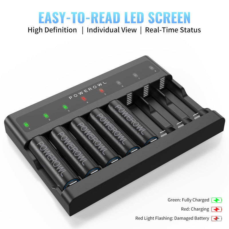 [Australia] - POWEROWL AA AAA Battery Charger 8 Bay, Independent Slot, USB Fast Charging for Ni-MH Ni-CD Rechargeable Batteries 