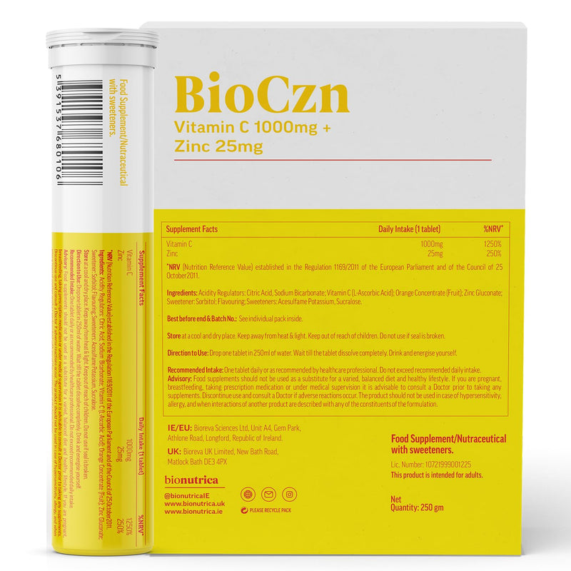 BioCzn Effervescent Vitamin C 1000mg & Zinc 25mg | 60 Tablets | Easy-Dissolve Daily Immune Support | Suitable for Vegans (60)