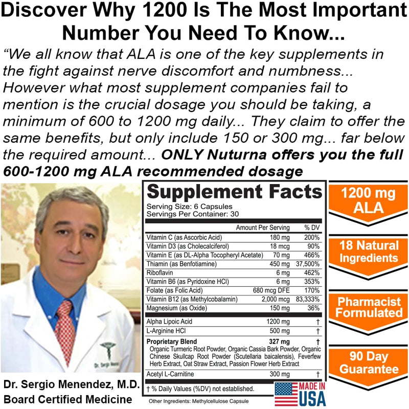 Neuropathy Support Supplement with 1200 mg HP-99 Alpha Lipoic Acid - Max Strength ALA Nerve Formula for Feet Hands Fingers Legs - Ultra Potent 18 in 1 Natural Nerve Vitamins - 180 Capsules 180 Count (Pack of 1)