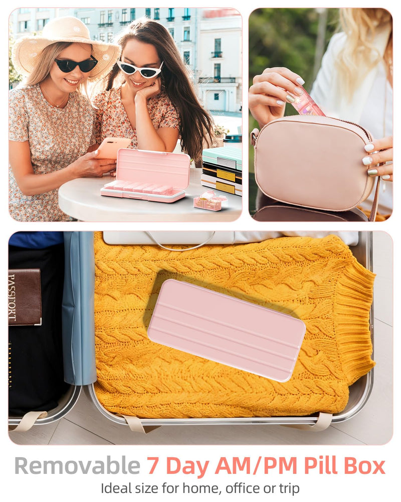 Betife AM PM Pill Organizer 2 Times a Day, 7 Day Pill Box - Pink | Removable AM/PM Daily Cases; Roomy for Fish Oil and Vitamins; Sturdy ABS Shell with Moisture-Resistant Silicone Protection.