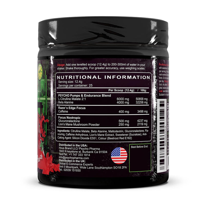 #1 Strongest PWO Psycho Pharma Edge of Insanity - Most Intense Pre Workout Powder for, Focus, Power & Energy. Premium researched Formula and Ingredients - 297.5g (Spike Punch) Spike Punch