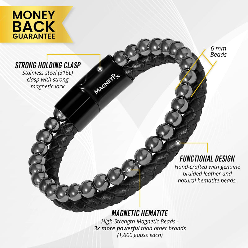 [Australia] - MagnetRX¬Æ Hematite & Leather Magnetic Bracelet ‚Äì Max Strength Natural Stones ‚Äì Beaded Magnetic Hematite Bracelets (Medium) Medium (Pack of 1) Leather Black 