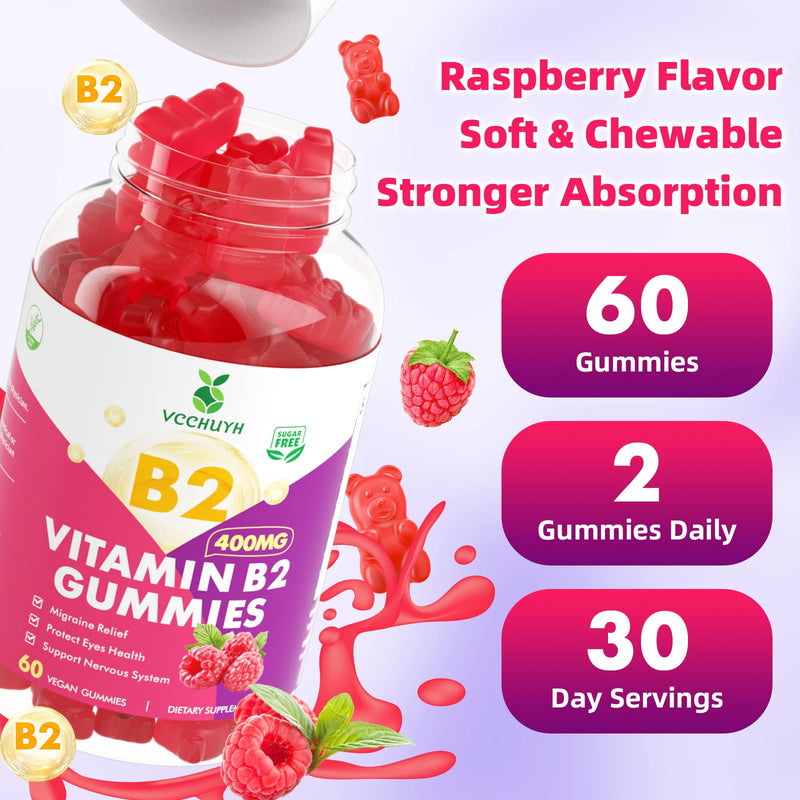 Vitamin B2 Gummies for Kids & Adults, VIT B2 Riboflavin 400mg Supplement with Magnesium for Migraine Relief & Nervous System Support, Non-GMO, Vegan, Raspberry Flavor 60 Count 60 Count (Pack of 1)