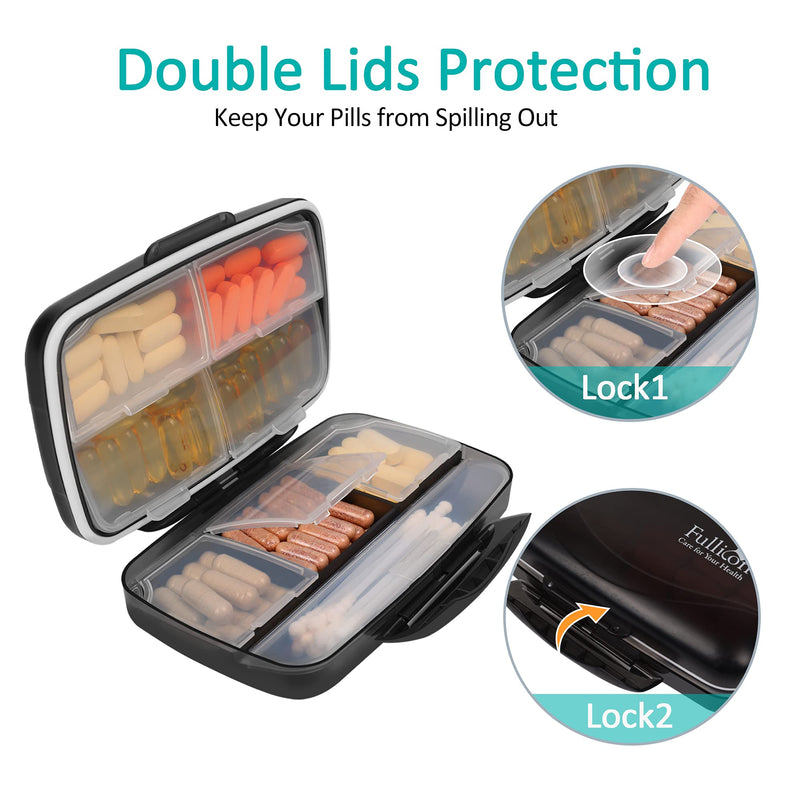 Fullicon Moisture Proof Travel Pill Organizer, 8 Compartments, Grey | Moisture Proof, Travel, Easy Open, Holds 14-17 Fish Oils, 20-35 Capsules or 13-21 Vitamins, Customized Labels, BPA-Free