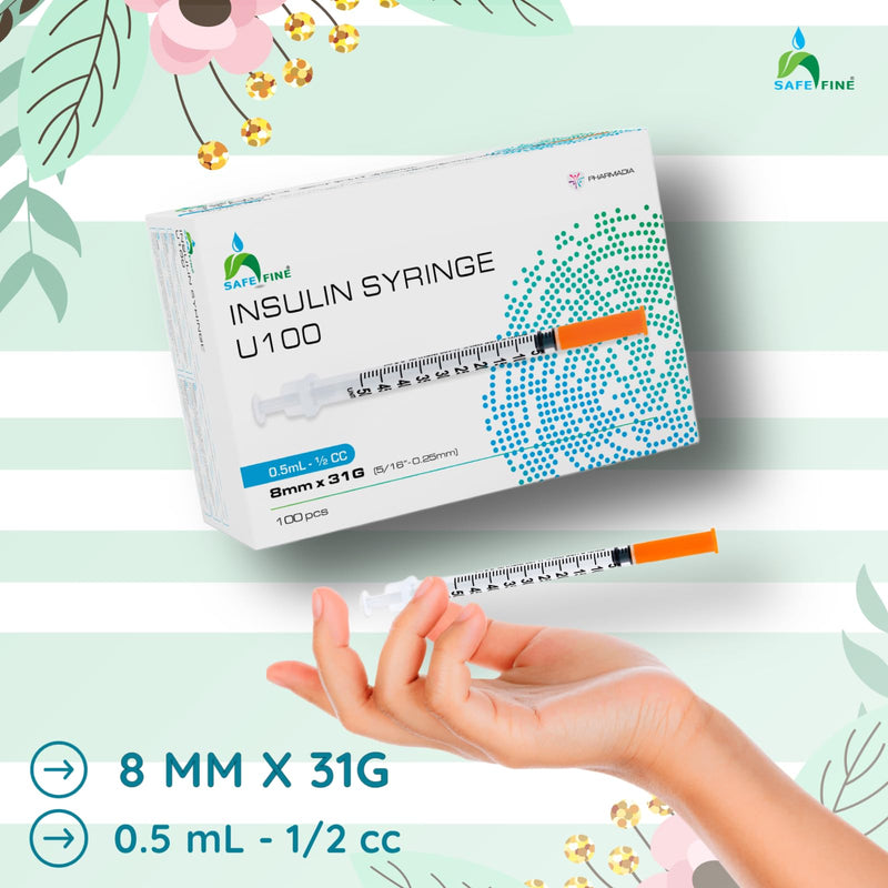 [Australia] - Safe Fine U-100 Insulin Syringes 8 mm 31G (5/16" x 0.25 mm) 0.5 ml/cc 100 Pcs/Box 8mm 31G 