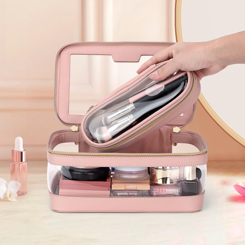 Soimeat Travel Clear Makeup Bag with Makeup Brush Bag, Leather Makeup Case Toiletry Bag, Portable Cosmetic Bag Case, Transparent Waterproof Cosmetic Organizer Storage Bag for Women