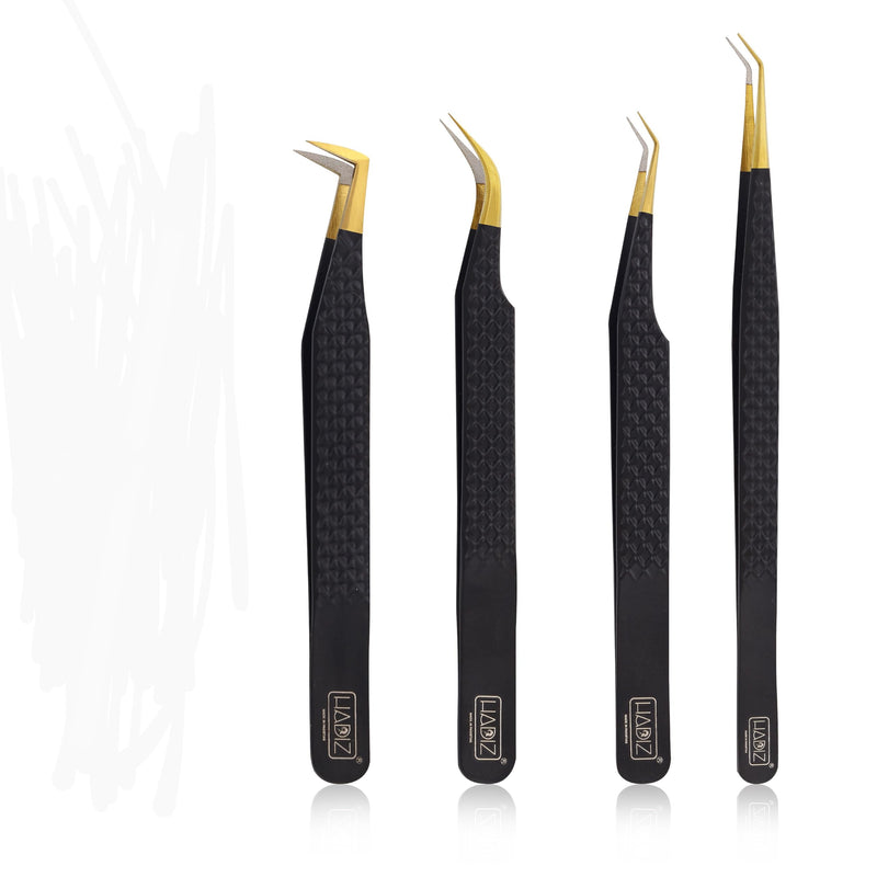 HADIZ Set of 4 Fiber Tip Diamond Grip Eyelash Extensions Tweezers Japanese Stainless Steel Lash Tweezer(Black) Black