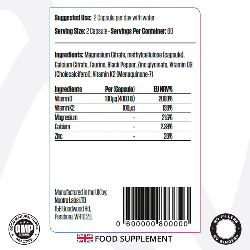 Nootro Labs Essentials Vitamin D3 4000 iu and K2 Capsules, Daily Vitamin D Supplements with Zinc and Magnesium for Joint Care, Bone & Heart Health and Immune Support (60 Servings - 2 Month Supply)