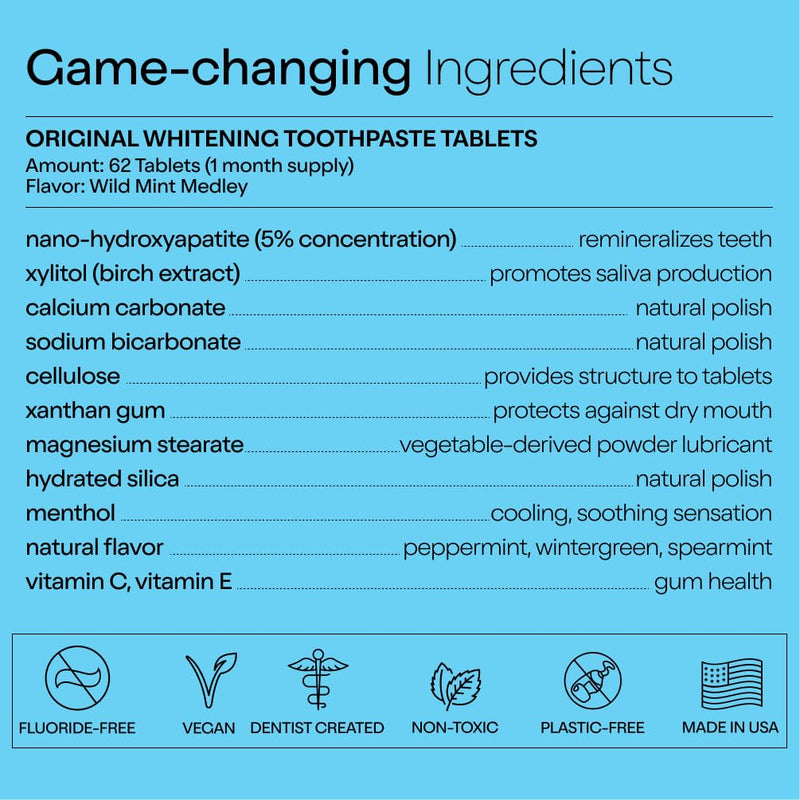 [Australia] - Duo Toothpaste Tablets | Nano-Hydroxyapatite (nHa) Natural Whitening, Remineralize, Reduce Sensitivity | Sustainable & Plastic Free | Dentist Created | Wild Mint Medley - 1 Bottle / 62 Tablets Original 62 Count (Pack of 1) 