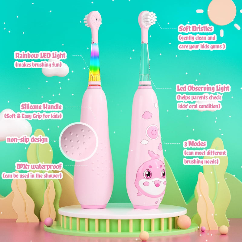 [Australia] - SEAGO Kids Electric Toothbrushes Rechargeable, Toddler Electric Toothbrush with Magnetic Charging, LED Observing Light, 8 Toothbrush Heads for Ages 2-4-6 Boys Girls (Pink) Pink 