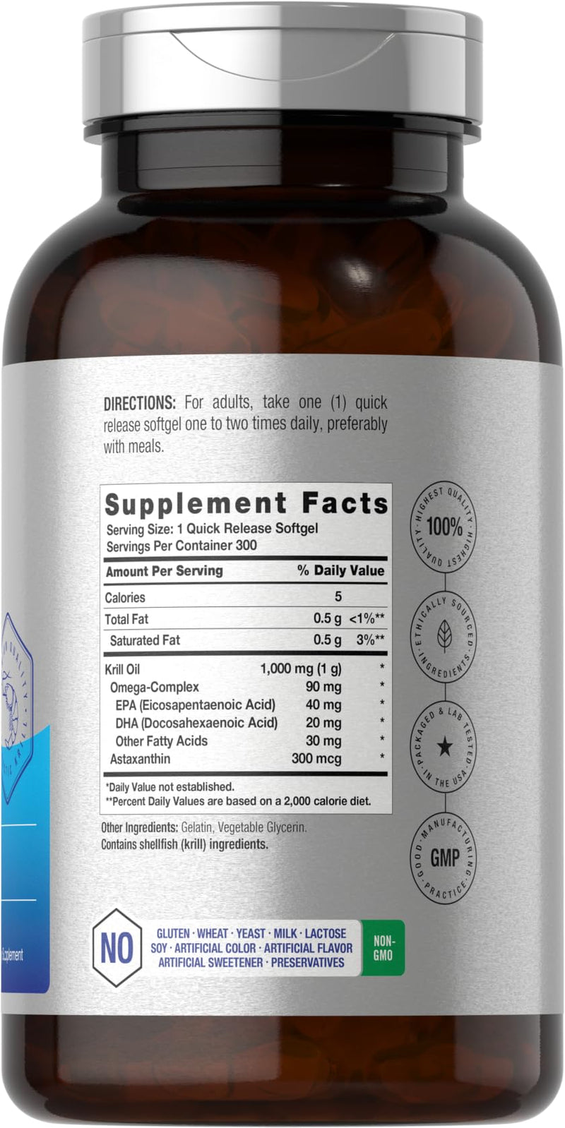 Horbäach Antarctic Krill Oil 1000mg | 300 Softgel Capsules | Omega 3, EPA, DHA Supplement | with Astaxanthin | Value Size | Non-GMO, Gluten Free