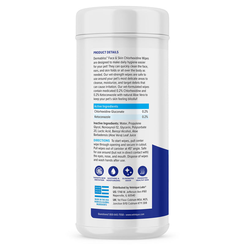 Vetnique Dermabliss Dog Face Wipes - Medicated Chlorhexidine Wipes for Dogs with Wrinkles, French Bulldog, English Bulldog Dog Grooming Wipes Cleaning & Deodorizing Dog Wipes 60ct - PawsPlanet Australia