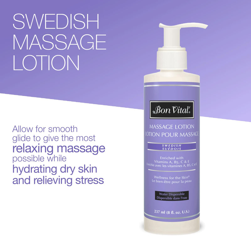 Bon Vital', Swedish Massage Lotion, 8 oz, Lightweight Professional Massage Lotion for Massage Therapy and Sports Massage, Enriched with Vitamins and Plant-Based Extracts, Unscented Formula 8 Ounce