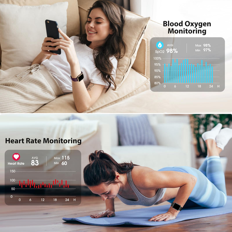 [Australia] - Fitness Tracker, Fitness Watch with Blood Oxygen, Blood Pressure & Heart Rate Monitor, Steps Calories Counter, Sleep Monitor, Pedometer 50 Meters Waterproof, Smart Watch for Android iPhones Black 