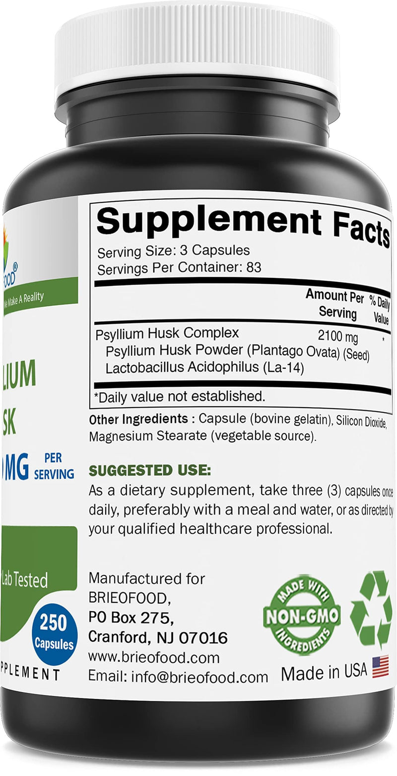 [Australia] - Brieofood Psyllium Husk Fiber Supplement with Lactobaciilus Acidophillus (La-14) - 2100mg per Serving - 250 Capsules - Helps Support Digestion, INTESTINAL Health & Regularity 