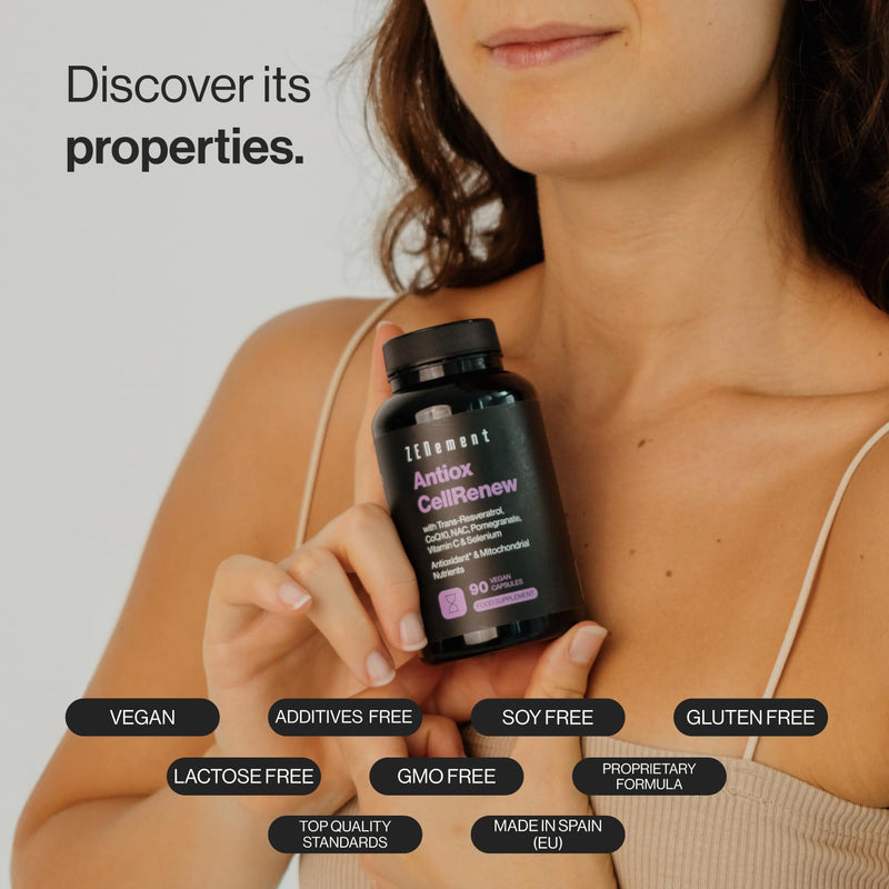 Antiox CellRenew with Trans-Resveratrol, CoQ10, NAC, Pomegranate, Vitamin C & Selenium - Antioxidant & Cellular Energy Support, 90 Vegan Capsules - Zenement
