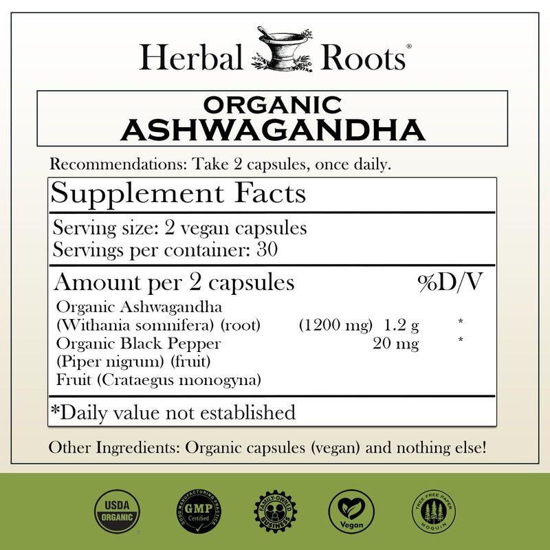 [Australia] - Herbal Roots Ashwagandha Capsules | Extra Strength 1,000mg per Serving | Ayurvedic for Overall Health for Men and Women | 60 Vegan Capsules 