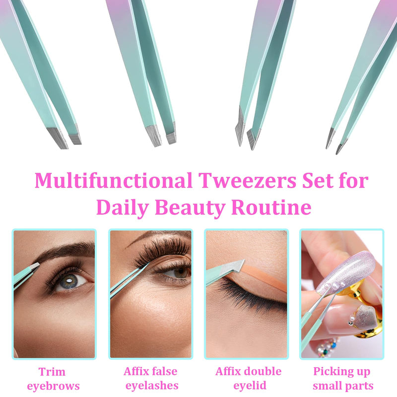 [Australia] - Tweezers Set 7 Pieces for Women - Precision Tweezers with Travel Case - Stainless Steel Tweezers for Eyebrows with Scissors, Razor, Mirror for Ingrown Hairs (Pink/Blue) Pink/Blue 