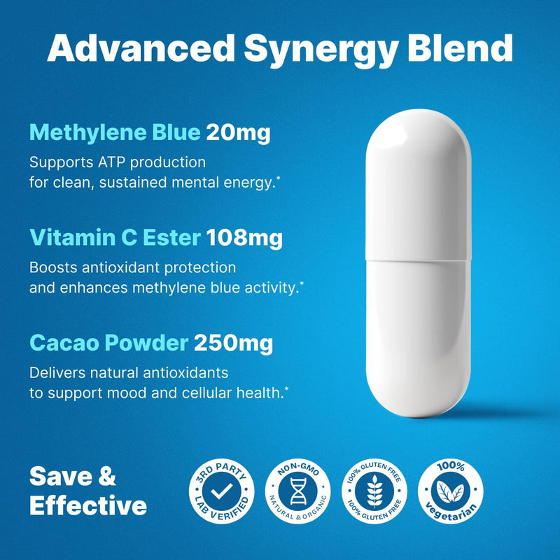 Ultimate Methylene Blue Capsule Form with Added Vitamin C Ester for Enhanced Absorption, Brain Supplement, Memory, Focus, Clarity, Cognitive - Brain Booster Supplement Energy Pills | 240 Servings 4