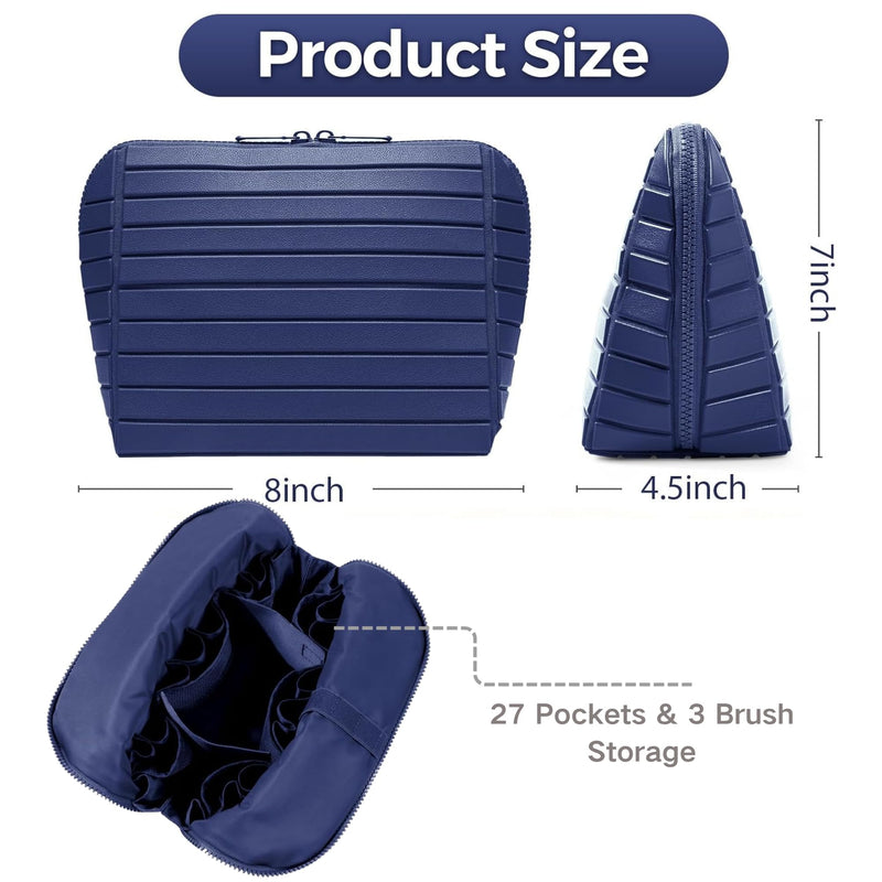 Foldable Travel Makeup Bag,27 Pockets 3 Brush Slots,Large Capacity Cosmetic Bags Toiletry Case Navy Blue
