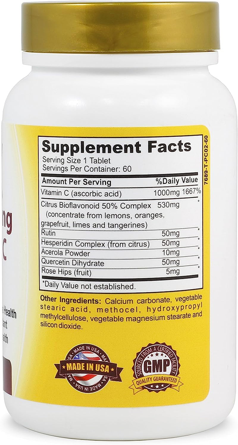 Vitamin C 1000mg Tablets with Rose Hips and Citrus Bioflavonoids, 60 Vegan Tablets, Food Supplement