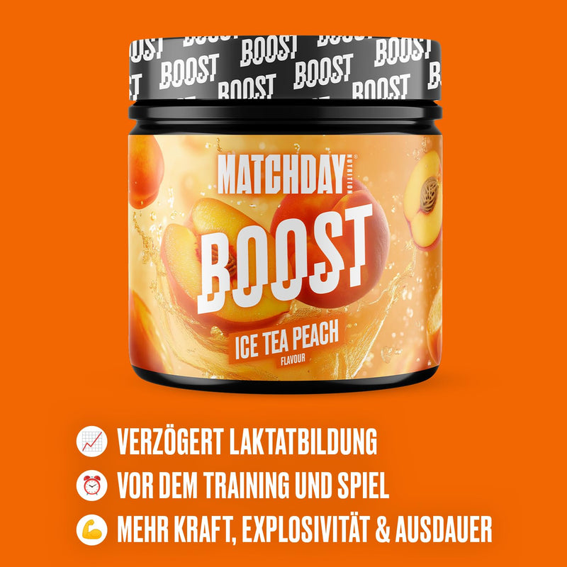MATCHDAY NUTRITION Boost for Footballers | ATP Booster | Sports Drink with Amino acids and carbohydrates | 20 Servings for Increased Speed, Explosiveness and Endurance (Ice Tea Peach)