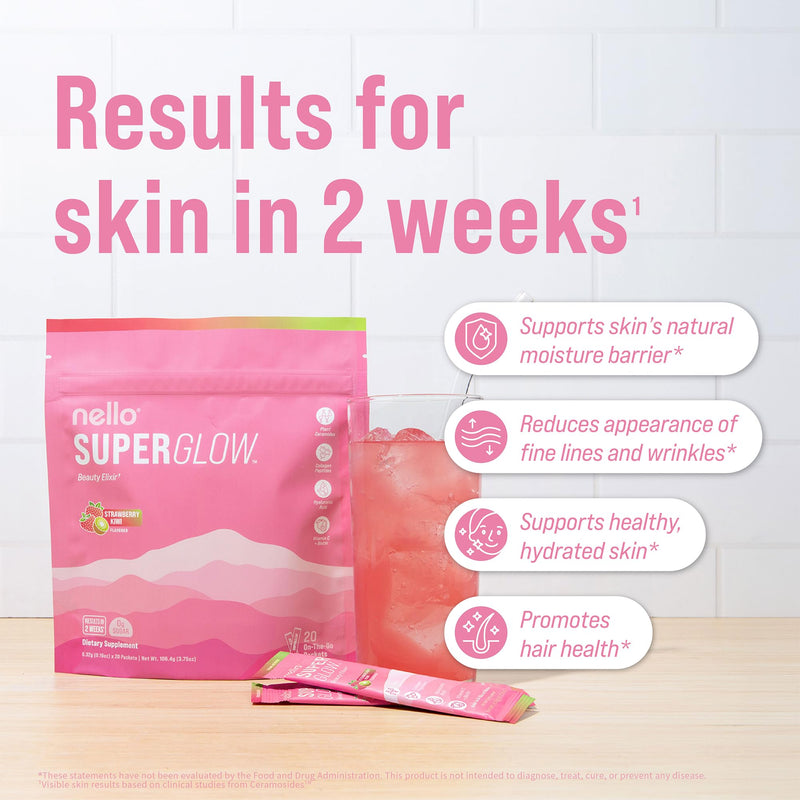 Nello Superglow Powdered Drink Mix, Skin Hydration, Glow & Hair Support, Collagen Peptides, Hyaluronic Acid, Ceramosides, Biotin & Vitamin C, 20 Stick Packs (Strawberry Kiwi) Strawberry Kiwi
