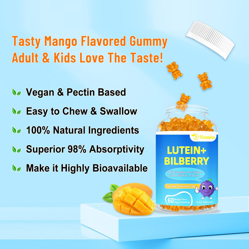 20mg Lutein & Zeaxanthin Gummies with Bilberry, Astaxanthin, Omega 3, Vitamin C, E - Sugar Free Eye Health Supplement for Adults & Kids - Dry Eye Relief, Vision Clarity, Macular Support Mango 60 Count (Pack of 2)