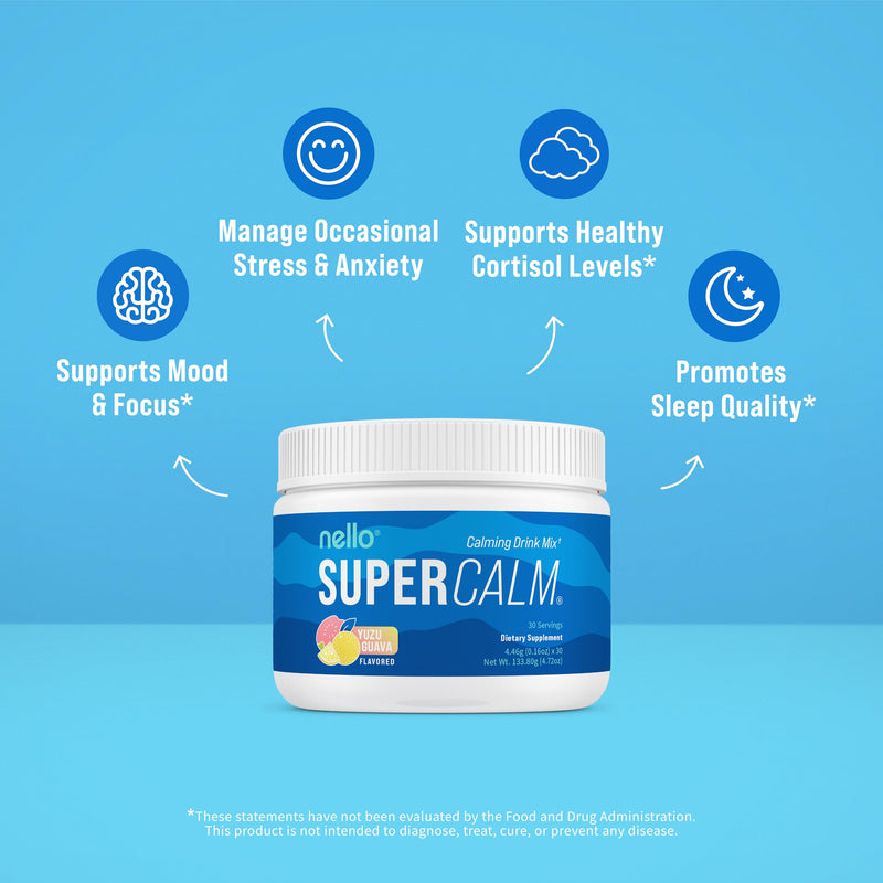 Nello Supercalm Powdered Drink Mix, Yuzu Guava, L Theanine, Ksm-66 Ashwagandha, Magnesium Glycinate, Vitamin D 3, Supplements for Relaxation & Focus, No Sugar, Non GMO, On The Go, 30 Srvgs