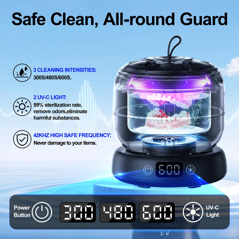 [Australia] - Ultrasonic Retainer Cleaner Machine Ultrasonic Jewelry Cleaner Waterproof for Invisalign Portable Dental Cleaner with Timer 3-Mode Clean Pod,Mouth Guard,Aligner,Denture,Silver,Rings,Platinum,Diamond Black 