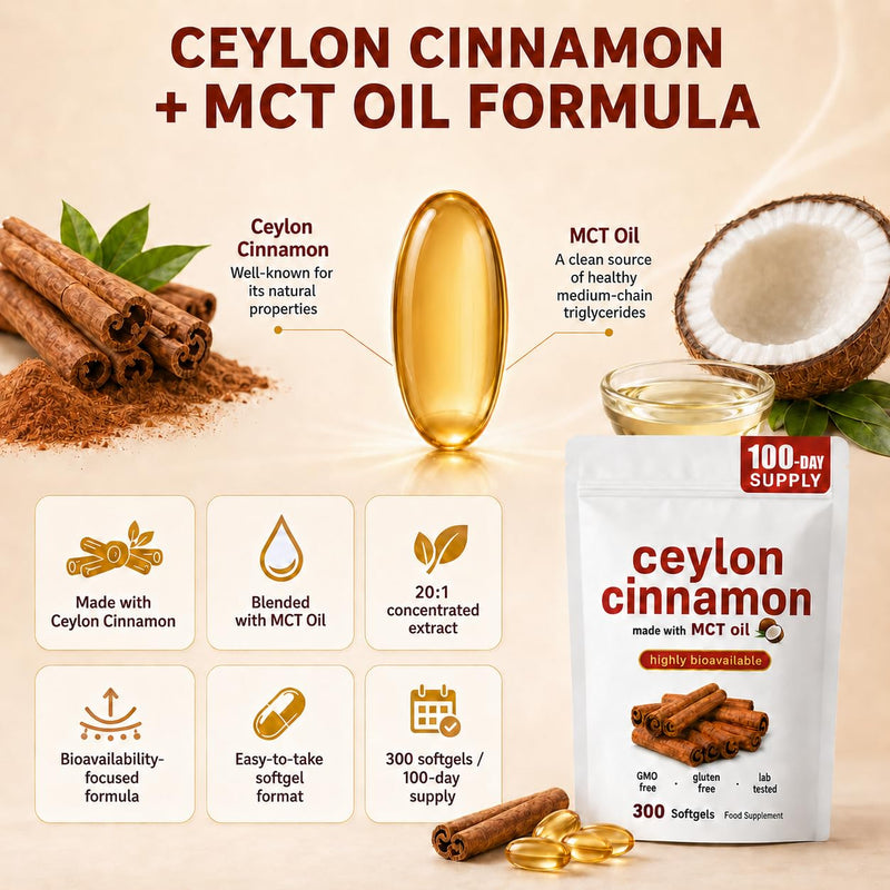 2-in-1 Ceylon Cinnamon Softgels with MCT Oil – 300 Softgels – True Ceylon Cinnamon Daily Supplement, Highly Bioavailable Formula, Supports Energy & Daily Wellness Routine, Non-GMO, Gluten Free