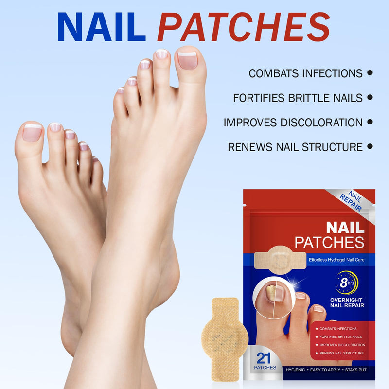 Nail Patches 21Pcs, Toenail & Fingernail Care Patches, 8-Hour Overnight Hydrogel Adhesive Wrap for Dry Brittle or Cracked Nails 1 Count (Pack of 21)