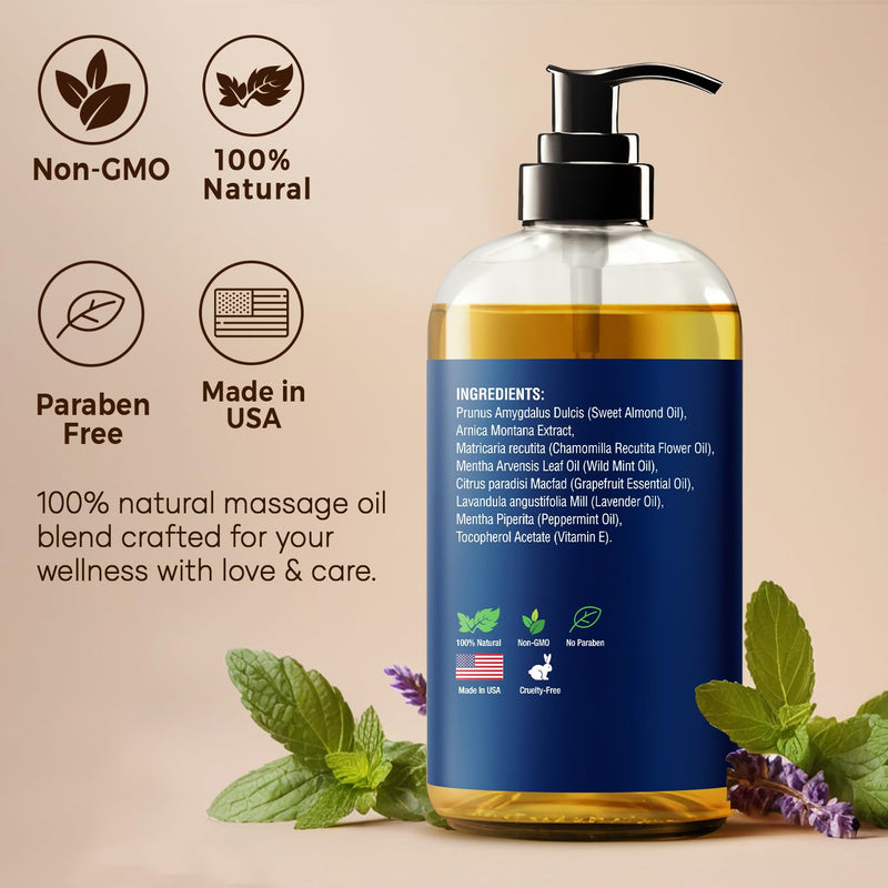 [Australia] - Sore Muscle Massage Oil 8 fl oz - Body Massage Oil for Massage Therapy - Peppermint, Lavender, Arnica Oil for Pain Relief, Muscle Relaxing - Nexon Botanics Sore Muscle 