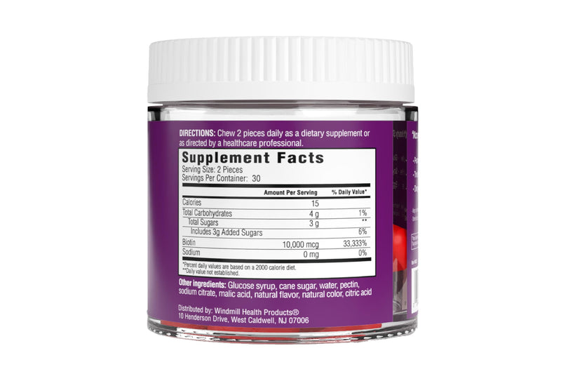 Windmill Health Products Rejuvicare Biotin Gummies- 10,000mcg, 30 servings, One Color, Berry, 60 Count