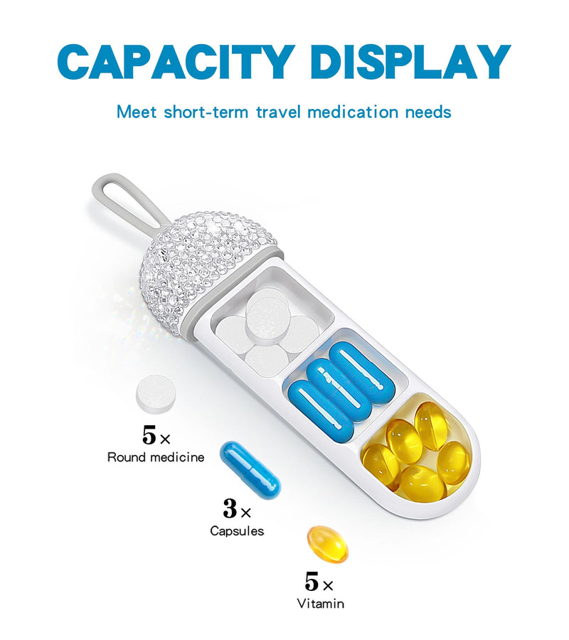 Bling Travel Pill Organizer Crystal Rhinestone 3 Compartments Portable Pill Case Daily Pill Box to Hold Vitamins Small Pill Container for Pocket Purse Medicine Organizer(White)
