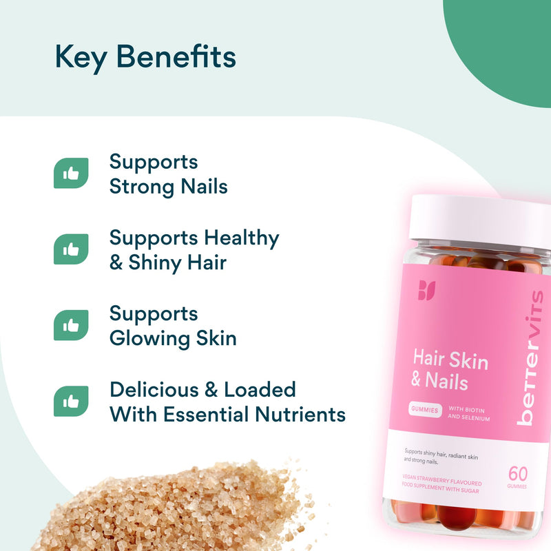 Bettervits Hair, Skin and Nails Vitamins | Hair Growth Vitamins A, B6, C, D, E with Zinc & Selenium| Biotin Gummies for Women - Nails Strengthen and Glowing Skin | 60 Vitamin Gummies 60 count (Pack of 1)