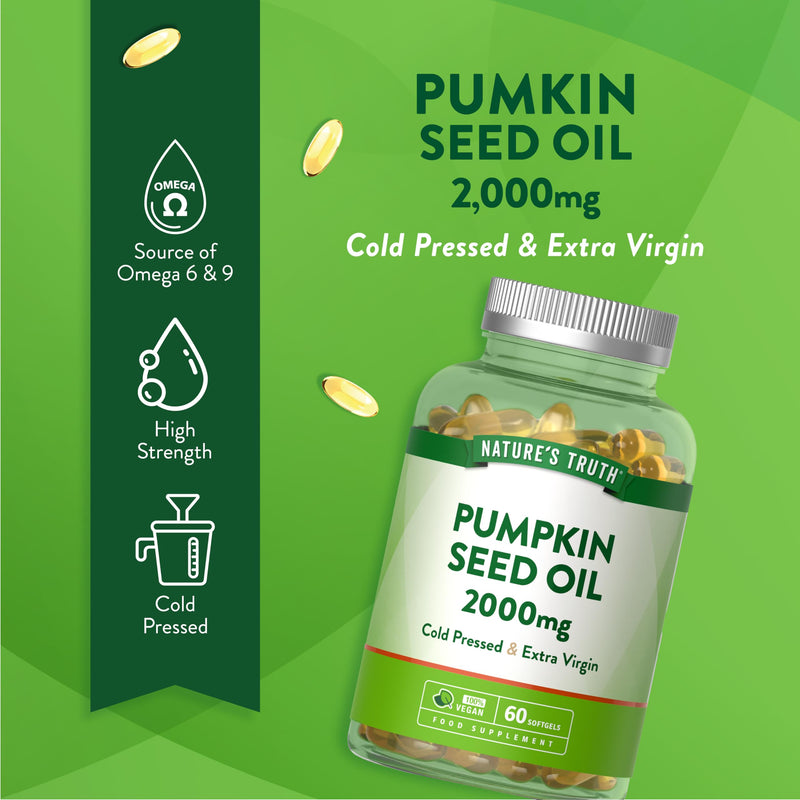 Pumpkin Seed Oil 2000mg | Vegan High Strength Pumpkin Seed Capsules | Omega 6 and 9 Fatty Acids | 60 Softgels | Cold-Pressed & Extra Virgin | Nature's Truth