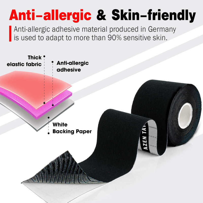 [Australia] - AZEN 3 Rolls Kinesiology Tape, 16.4 ft Waterproof Kinetic Tape for Joints Support and Muscle Pain Relief, Uncut Muscle Tape, Knee Tape, Athletic Tape - Black 