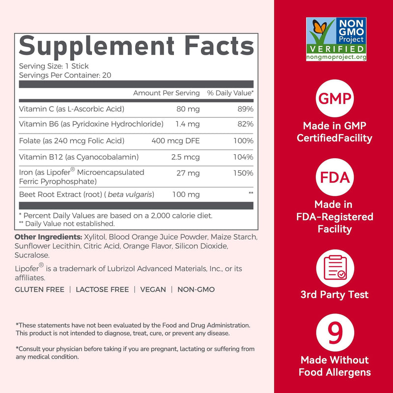Gentle Iron Supplement for Women: Slow Release 27mg Melt-in-Mouth Iron Powder with Vitamin C, B12 & Folic Acid, Easy on Stomach, Non-Constipating, Vegan Lipofer® Iron Plus, 20 Sticks 20 Sticks( 27mg Iron)