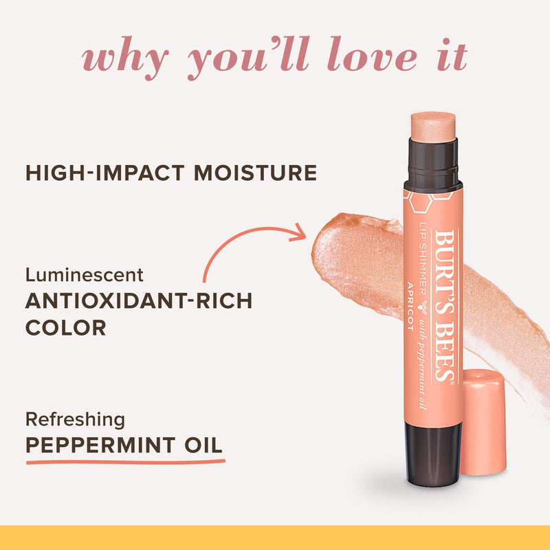 Burt's Bees Lip Balm, Moisturizing Lip Shimmer for Women, for All Day Hydration, with Vitamin E & Coconut Oil, 100% Natural, Apricot, 0.09 Ounce 1 Count (Pack of 1)